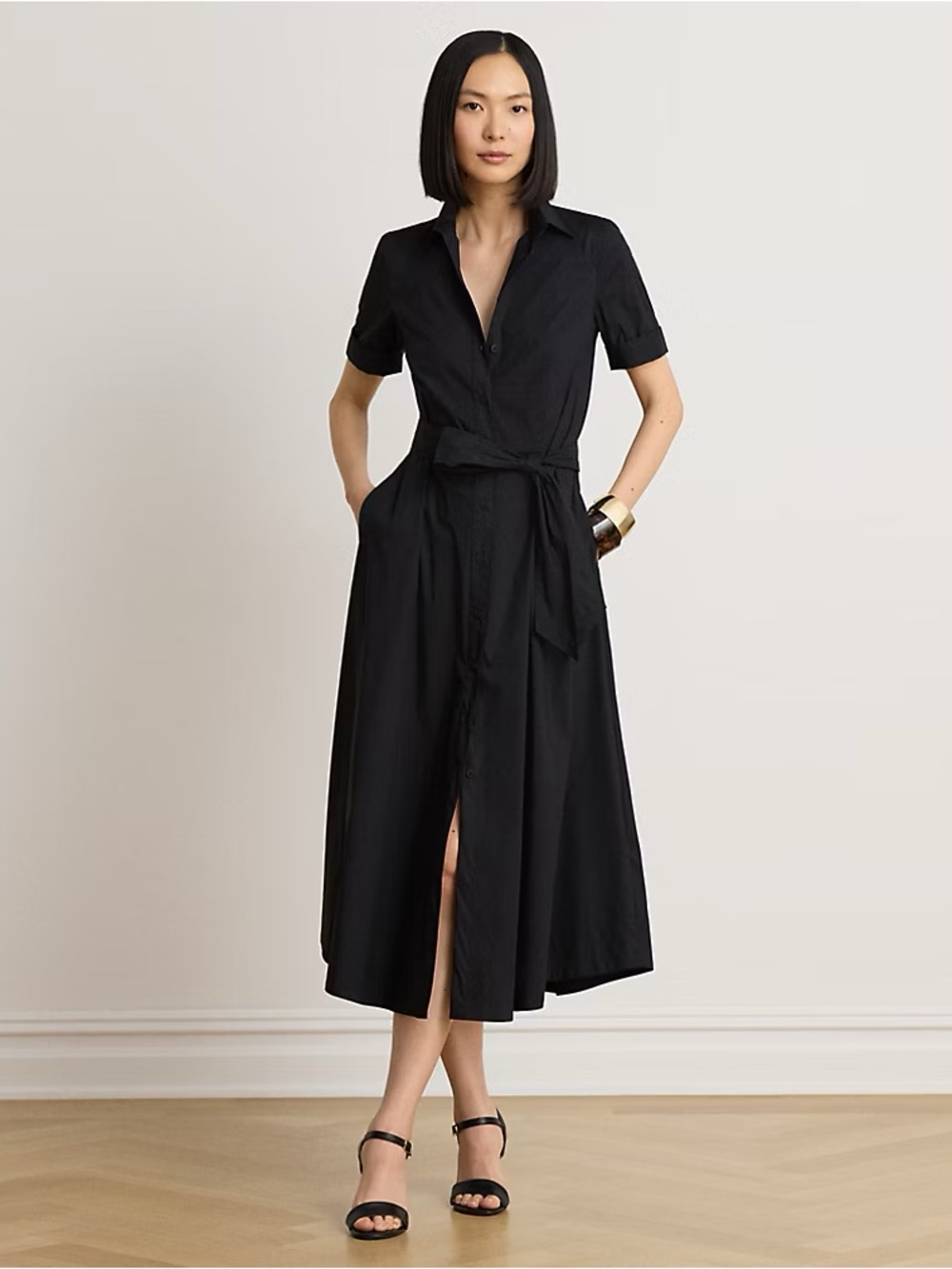 Lauren Ralph Lauren Black Short-Sleeve Midi Shirt Dress with Tie Waist